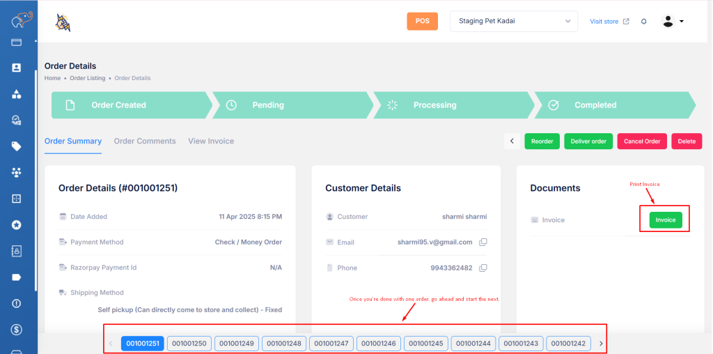 Invoice and switching to next order